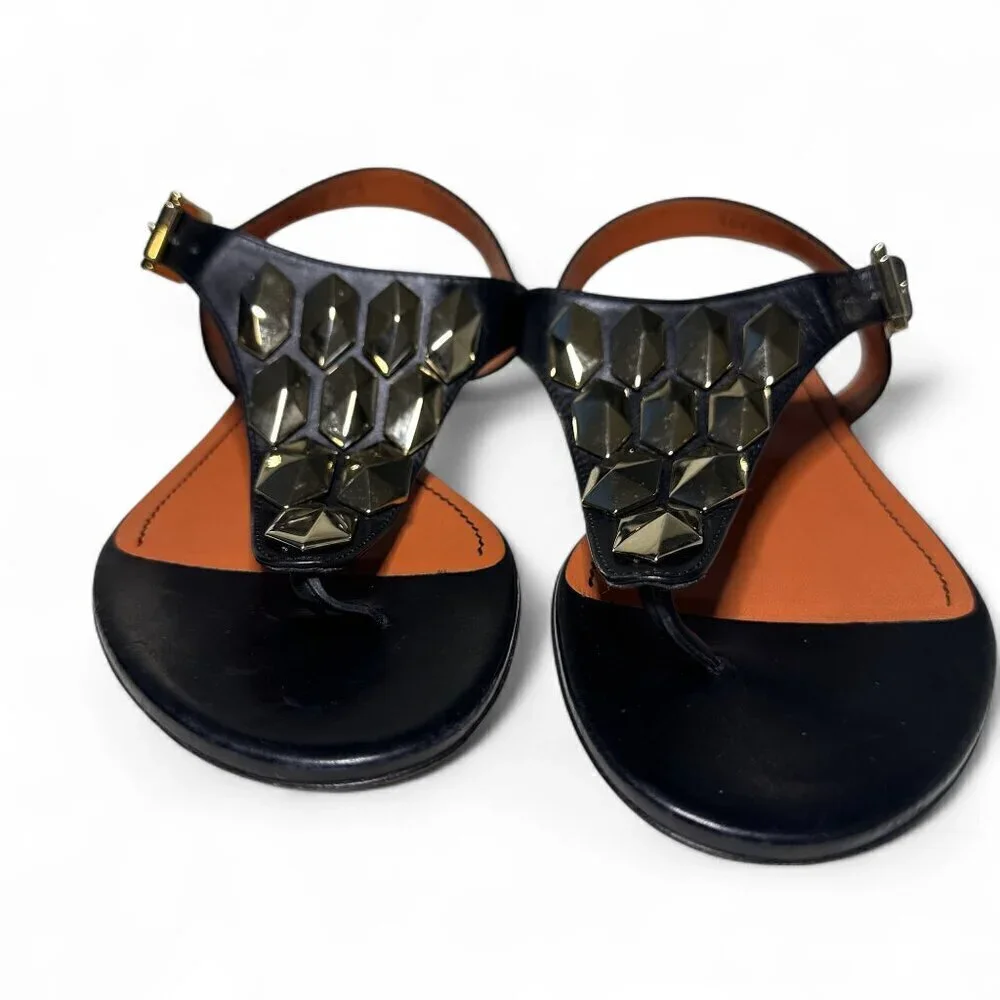 Santoni Women's Toe Strap Sandals In Black w Gold Accents sz EU 37.5 NWOB